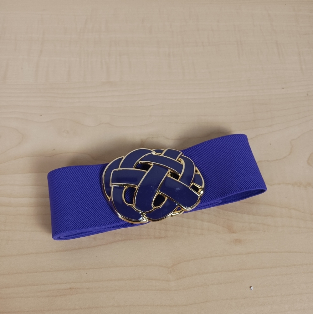 Vtg 80s‎ Day-Lor Stretch Elastic Belt Enamel Purple Gold Basket Weave Buckle USA